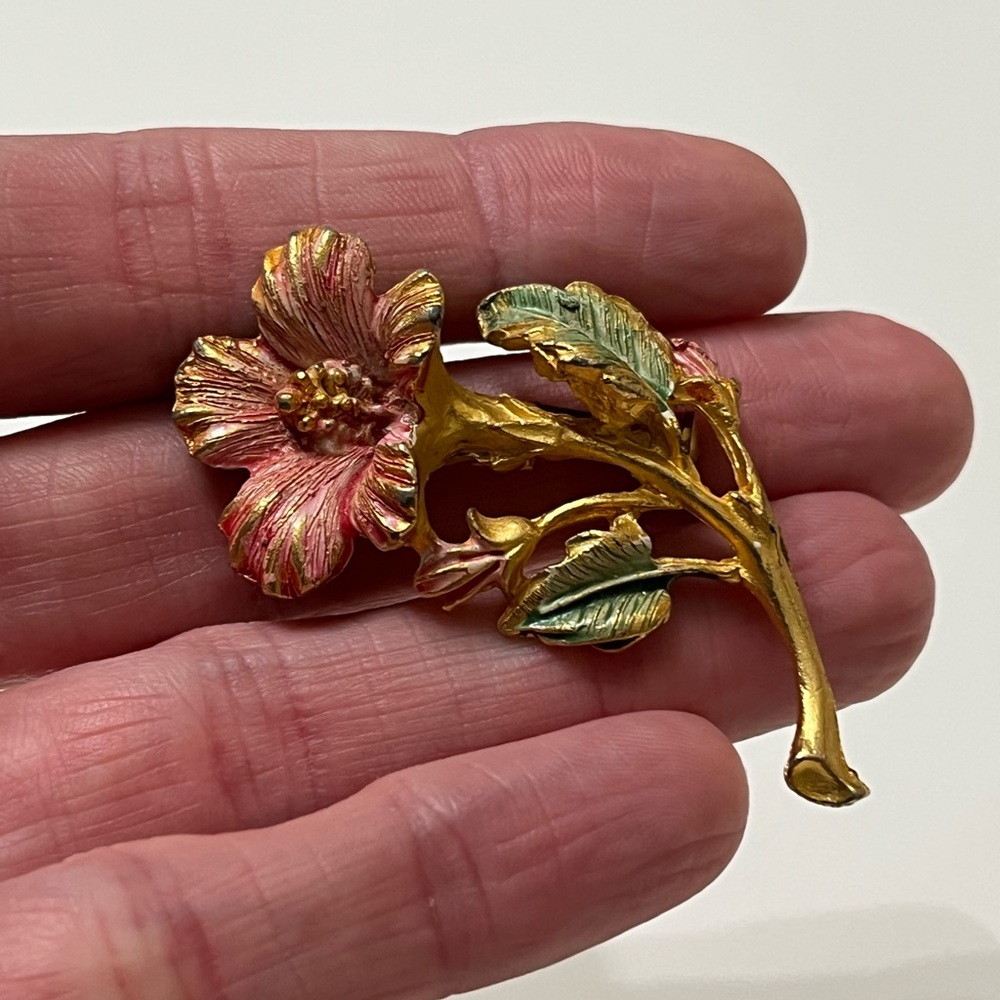 Vintage Pink Enamel Flower Brooch Gold Tone Floral Pin Statement Piece
